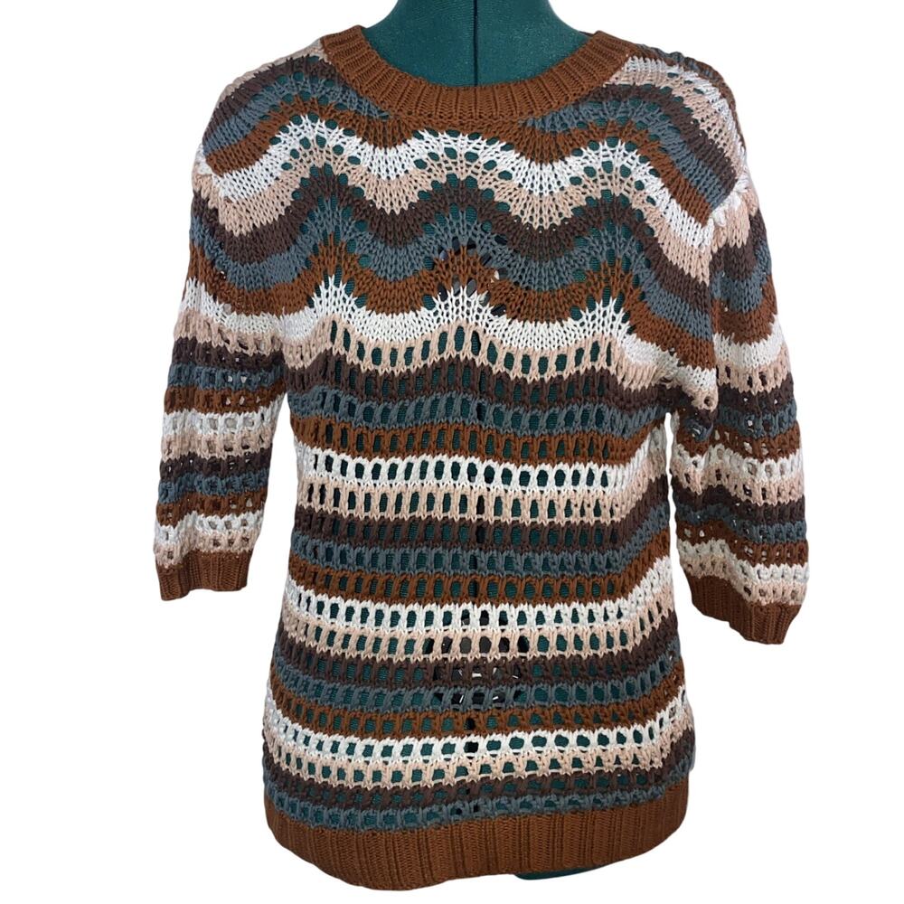 Evereve Open Knit Sweater Short Sleeve 100% Cotton Brown Blue White Size Small